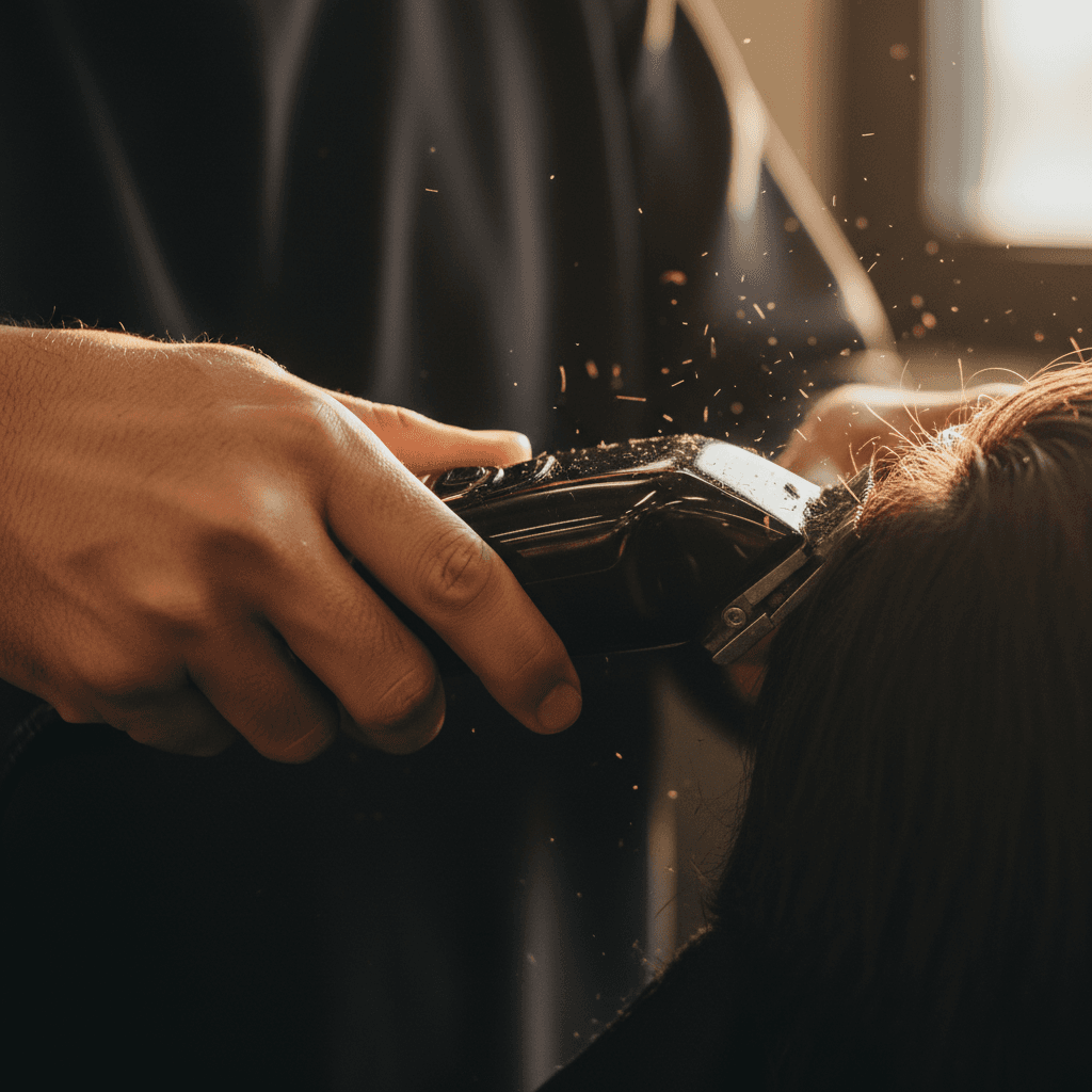 Barber's hands with clippers mid-trim