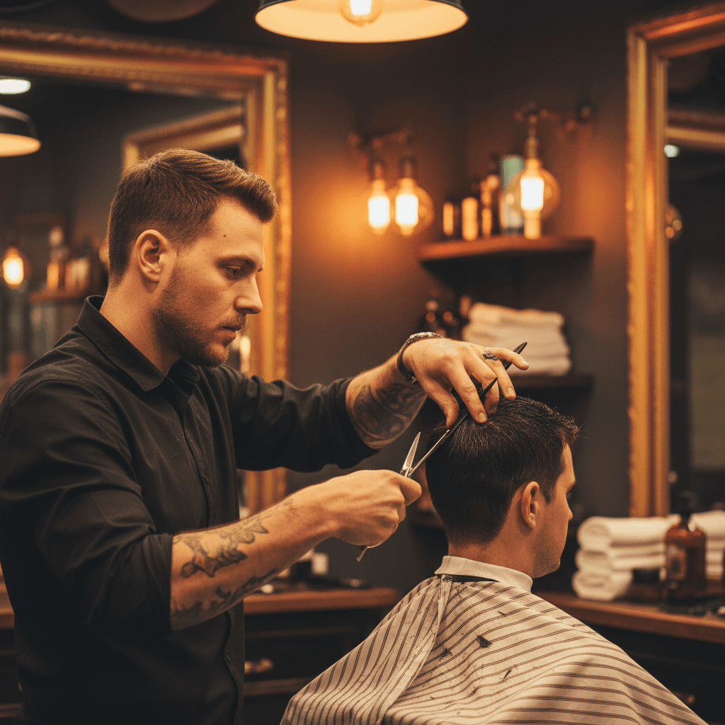 Barber cutting hair with shears