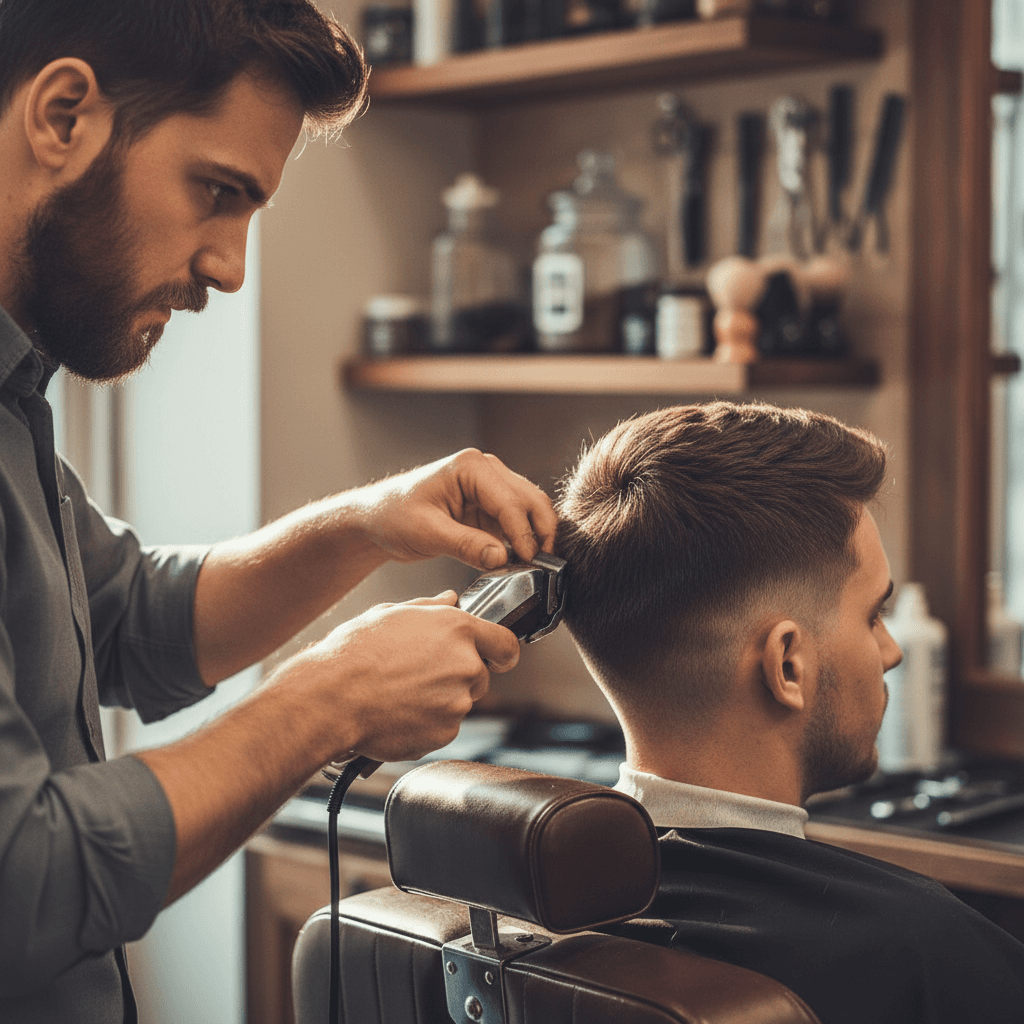 Barber carefully fading a client's hairline with clippers in a Colorado Springs barbershop