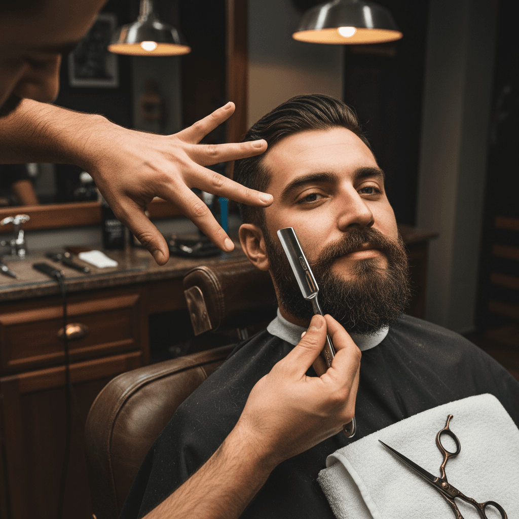 Barber finishing a beard trim with a straight razor in a Colorado Springs shop