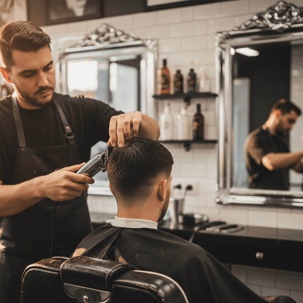 Barber working on a fade haircut