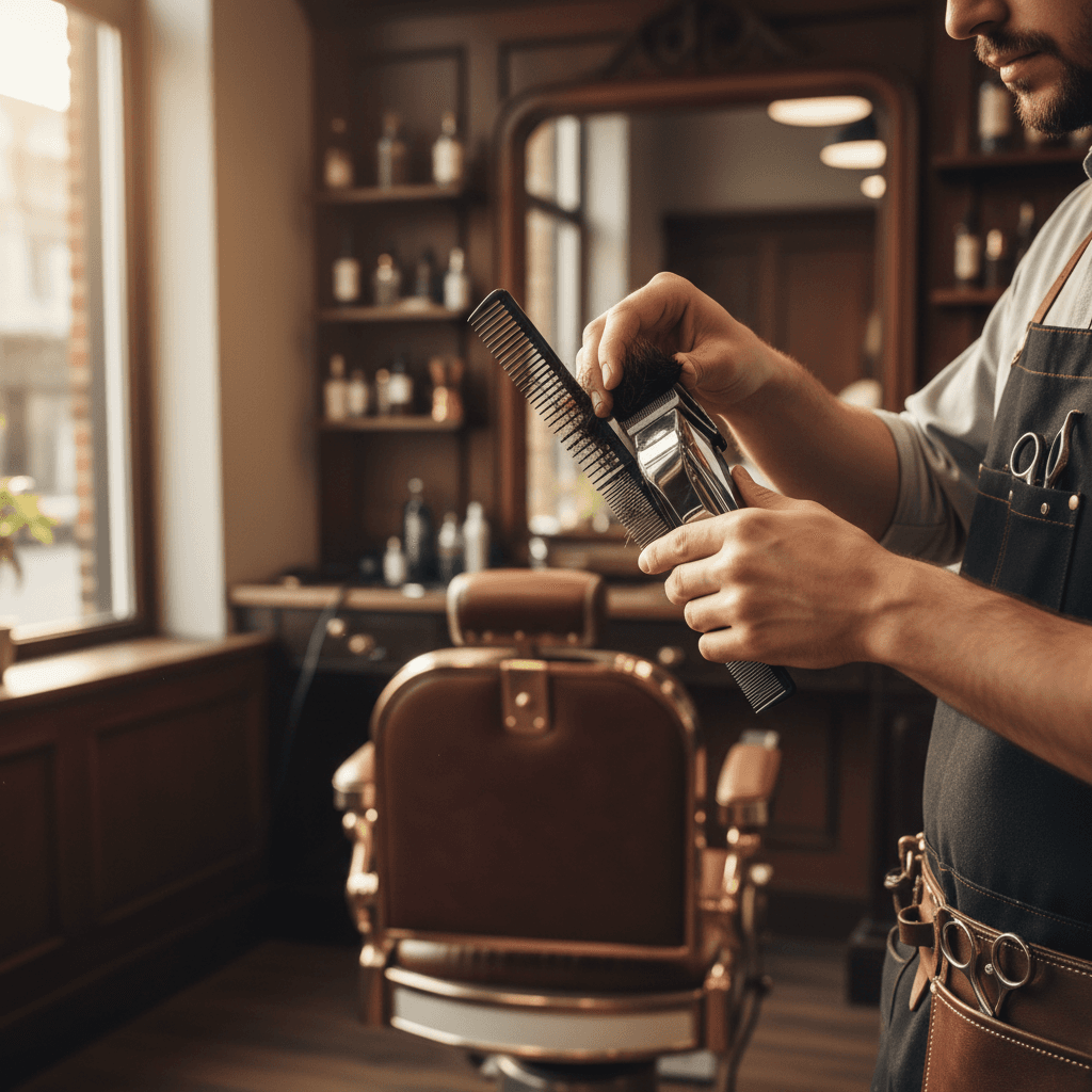 Barber trimming fade in Colorado Springs shop