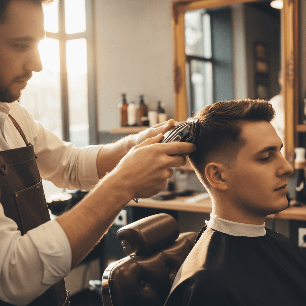 Barber using clippers for a fade haircut